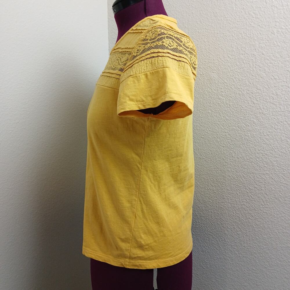 Fig Mustard Yellow Lace Yoke T-shirt XL short sleeve tee cotton blouse top - Picture 2 of 11